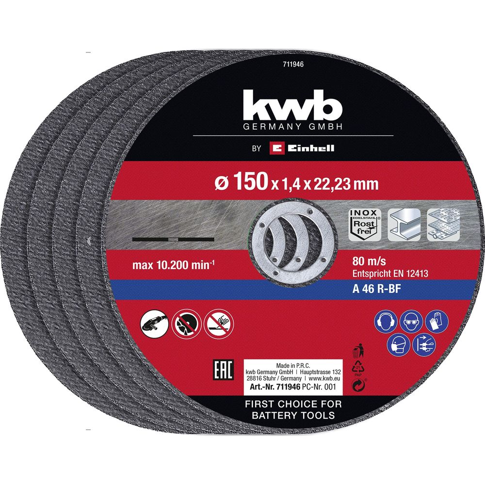 Kwb Trennscheibe: Ø 150x1,4x22,23mm, max 10.200 U/min. Für Inox.
