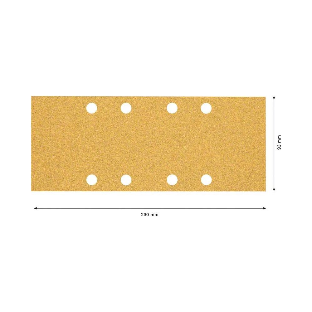 Ein gelbes Schleifpapierblatt mit 8 Löchern, 230mm x 93mm.