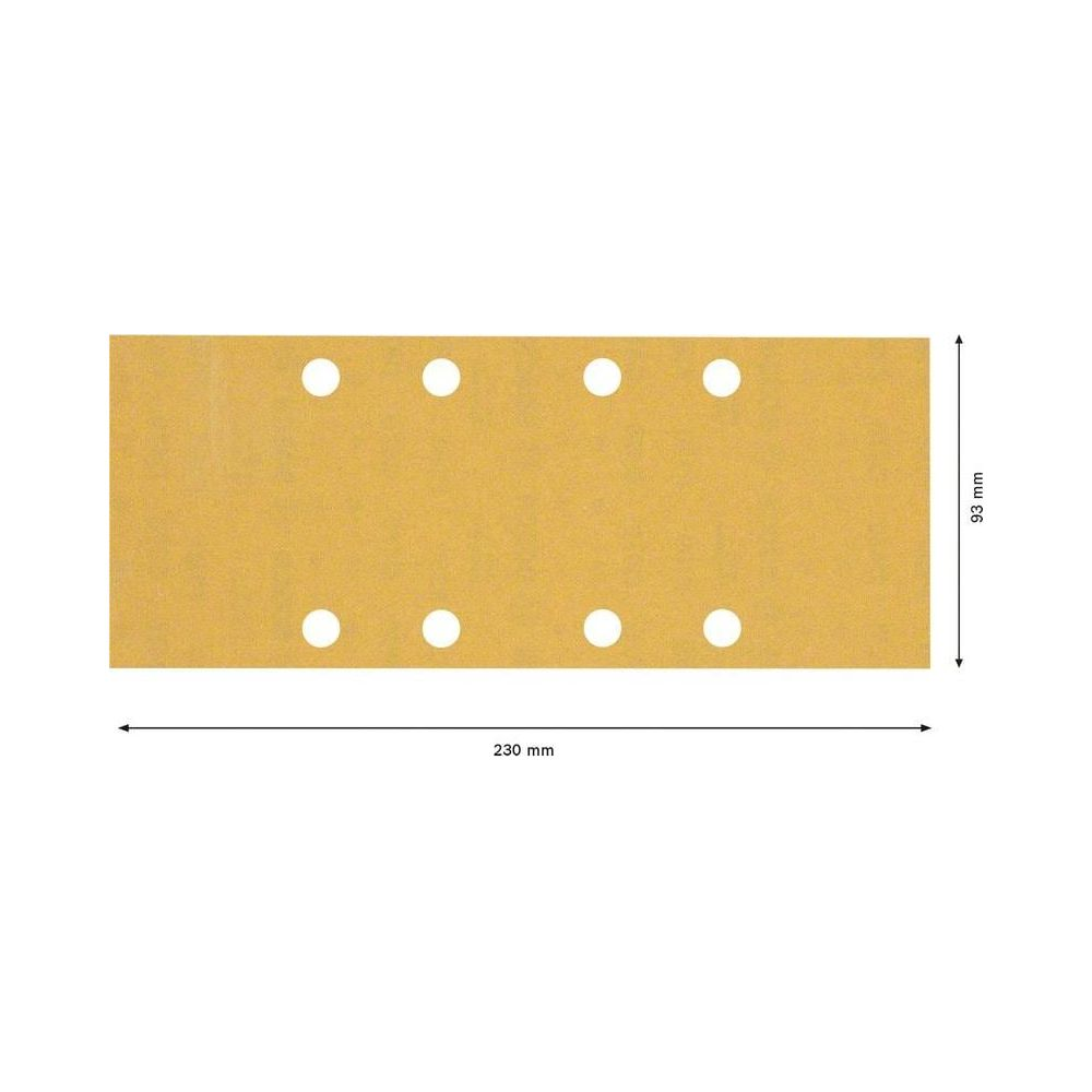 Un foglio di carta vetrata giallo con 8 fori, 230x93 mm.