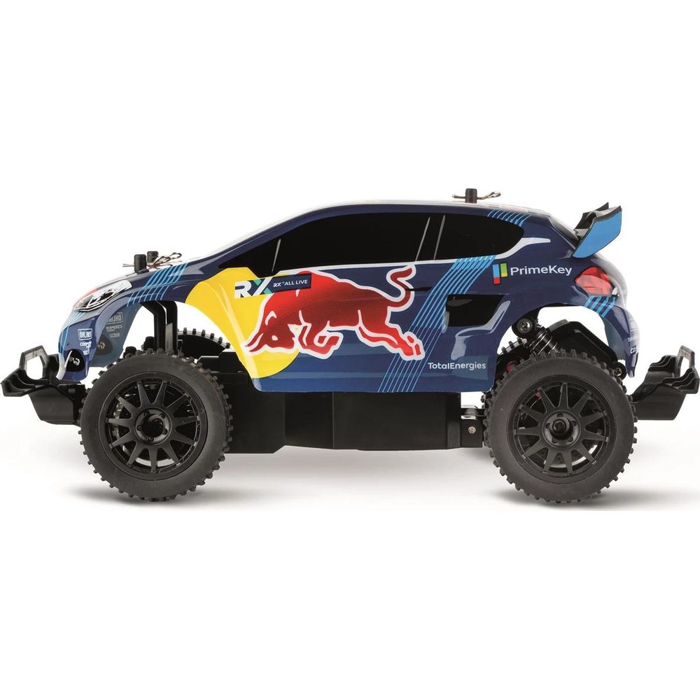 Une voiture RC bleue avec logo Red Bull et spoilers sur fond blanc.