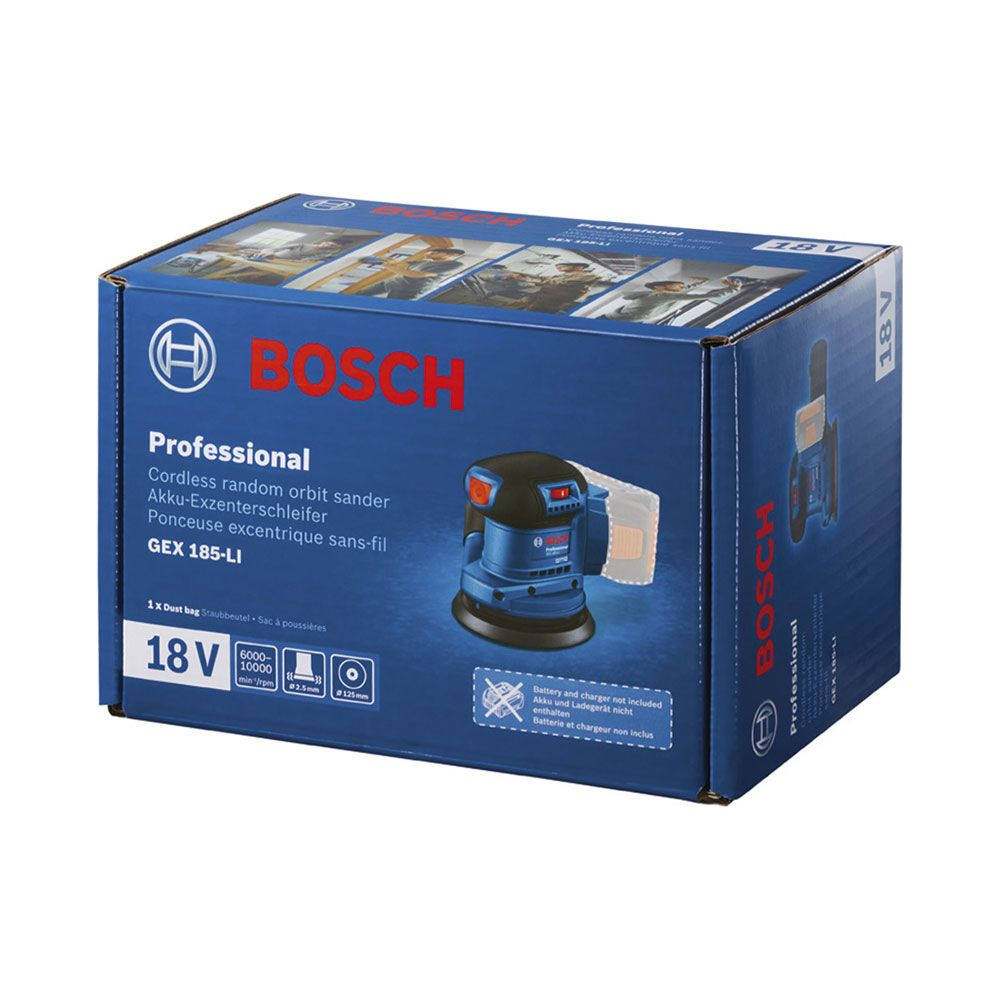 Bosch Akku-Exzenterschleifer GEX 185-LI im Karton mit Zubehörhinweisen.