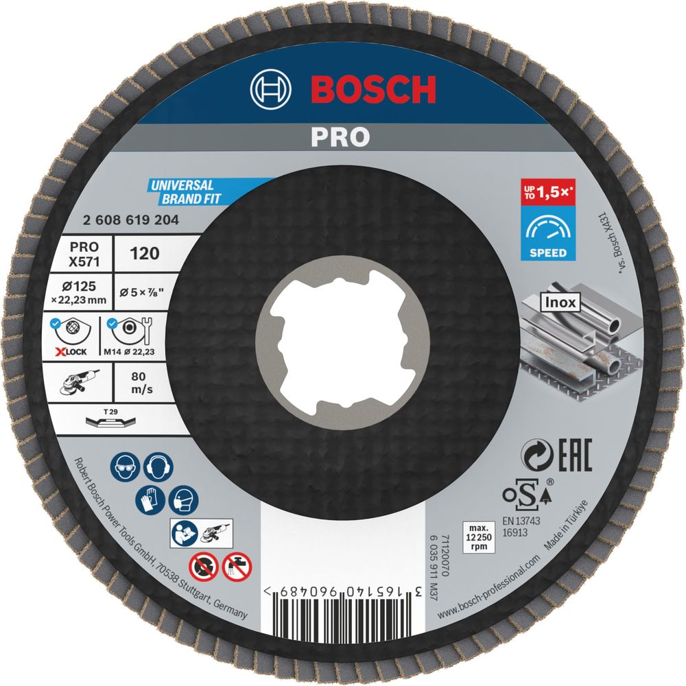 Bosch PRO flap disc with XLOCK, 125mm diameter, grit 120, for Inox.