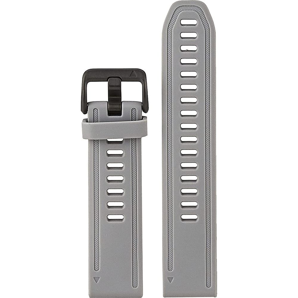 Cinturino grigio per orologio con fibbia nera e motivo a fori.