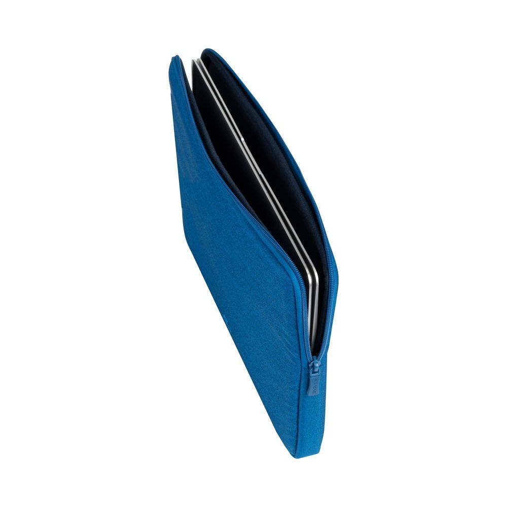 Una custodia blu per laptop con un laptop all'interno.