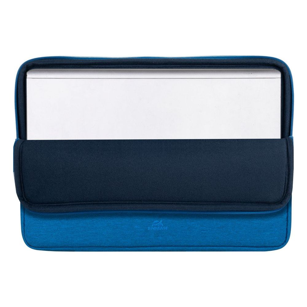 Custodia blu per laptop con scomparto aperto che rivela un laptop argentato.