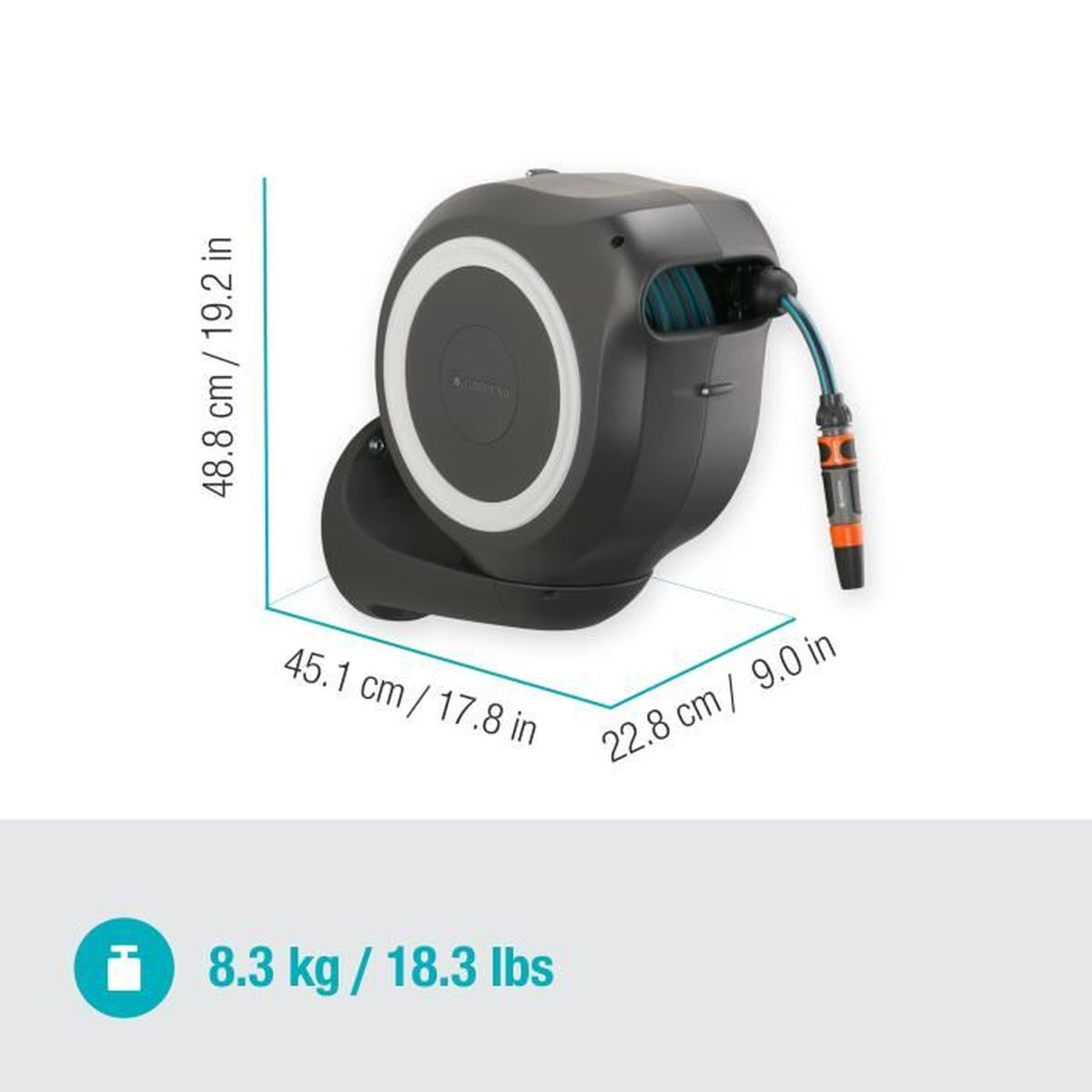 Avvolgitubo nero con dimensioni e peso.