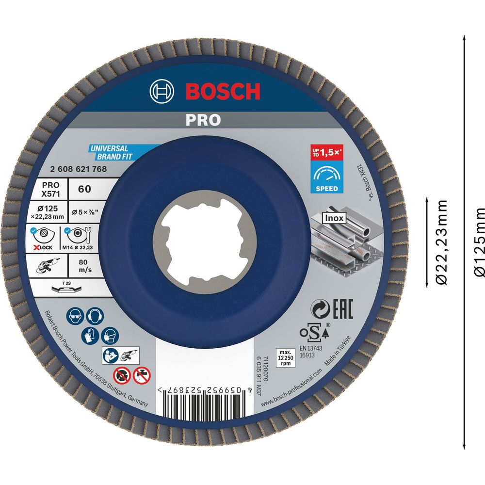 Bosch Pro Schleifscheibe mit Ø125mm und 22,23mm Bohrung. Max. 12250 U/min.