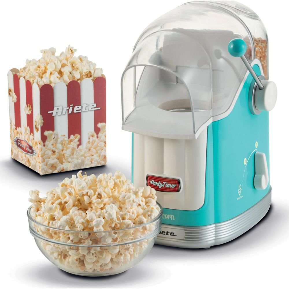 Macchina per popcorn turchese con ciotola e contenitore, pieni di popcorn.