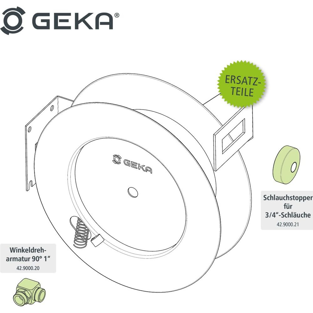 GEKA-Aufroller mit Winkeldreharmatur und Schlauchstopper als Ersatzteile.