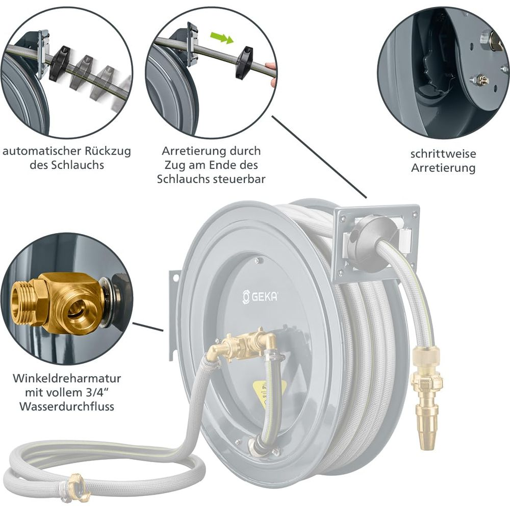 Schlauchaufroller mit automatischem Rückzug, Arretierung und Winkeldreharmatur.