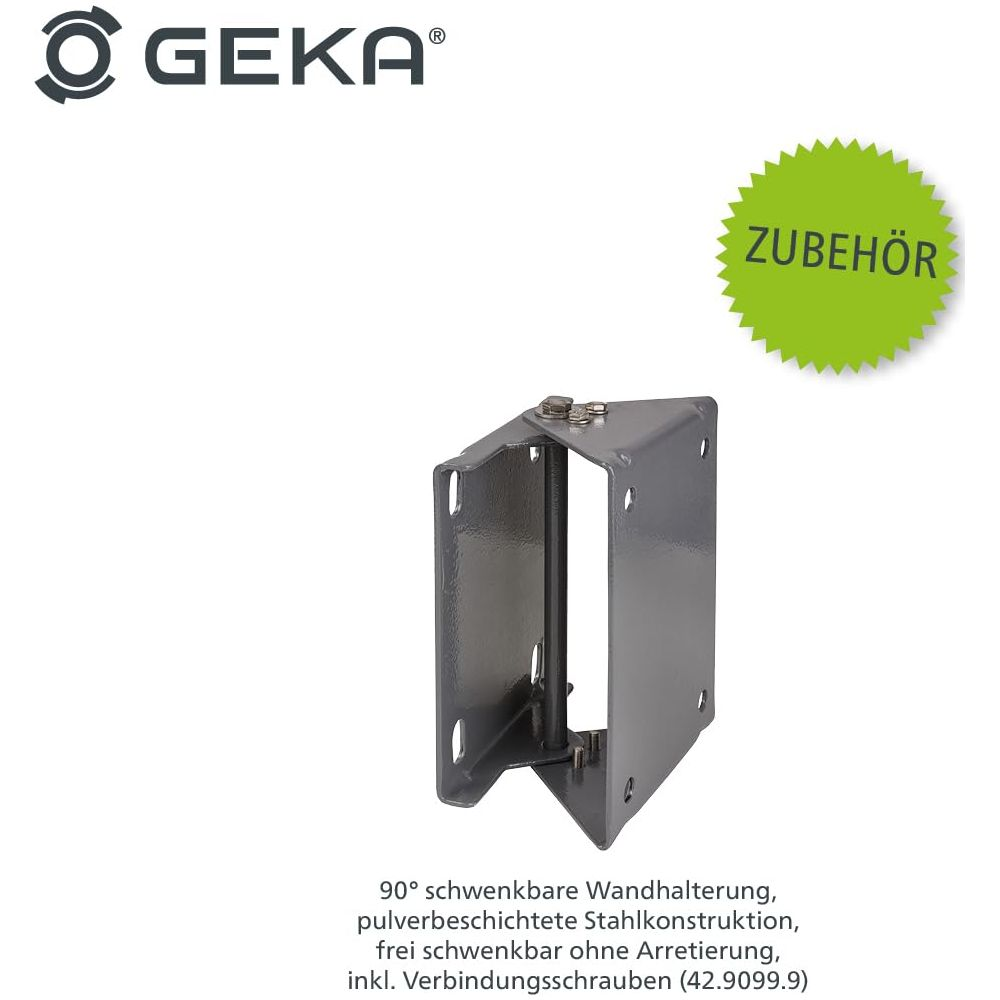 Grauer Wandhalter aus Metall mit Geka-Logo und Zubehör-Aufkleber.