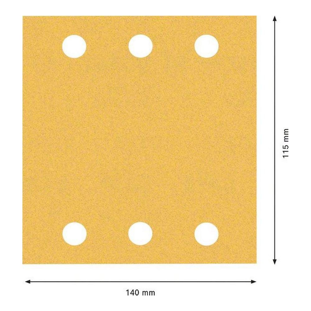Gelbes Schleifpapier mit 6 runden Löchern, 140x115 mm.