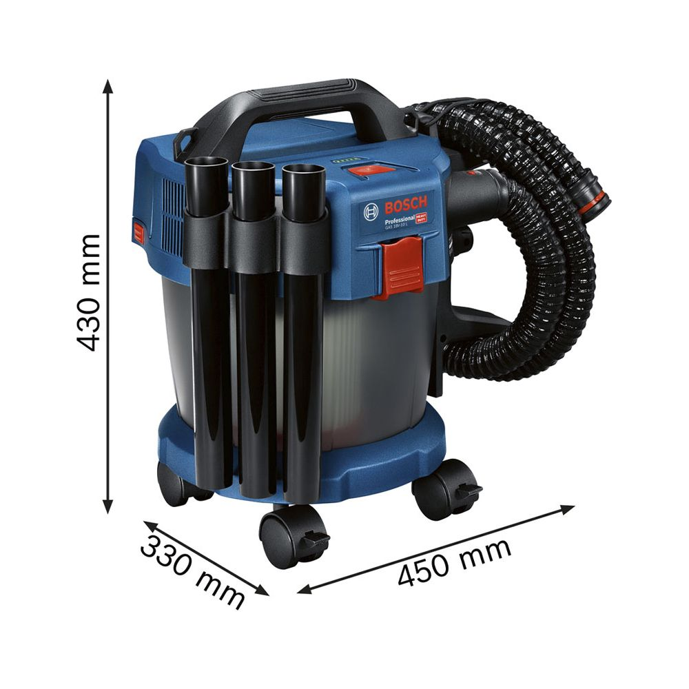 Aspirateur industriel Bosch bleu avec tuyau, roues et dimensions.