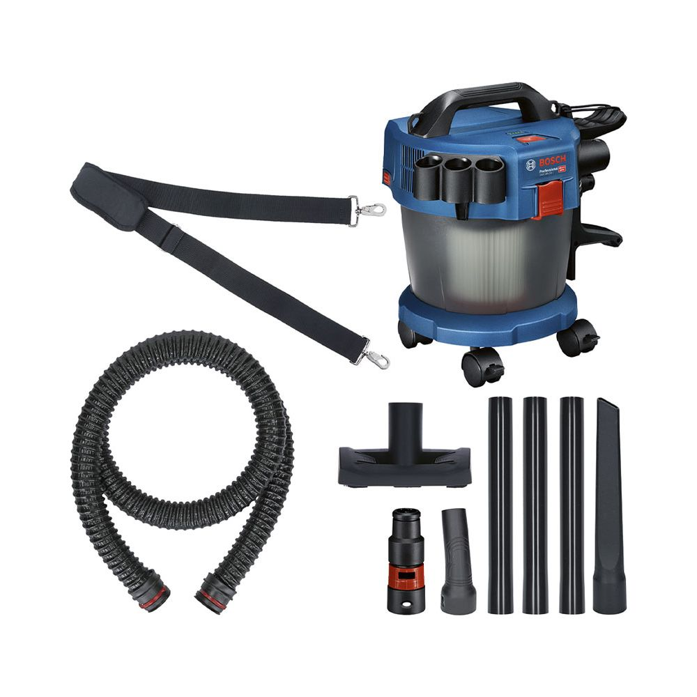 Un aspirateur eau et poussière Bosch bleu avec tuyau, sangle et accessoires.