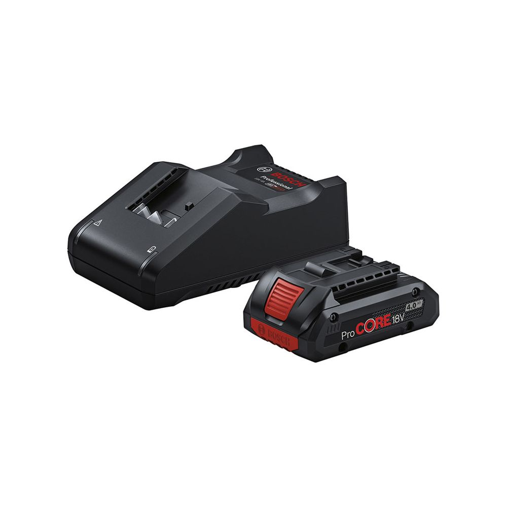 Une batterie et un chargeur Bosch ProCORE 18V noirs sur fond blanc.