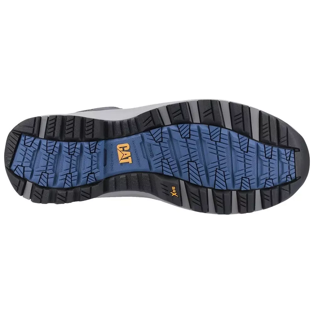 Semelle de chaussure avec insert bleu, logo CAT et motif de bande de roulement adhérent.