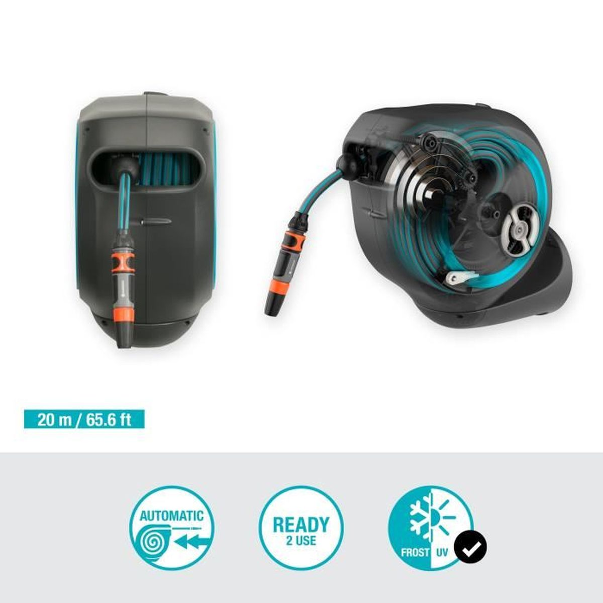 Avvolgitubo con tubo, vista frontale e interna. 20m/65.6ft.