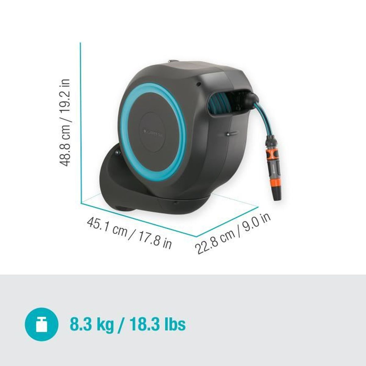 Avvolgitubo nero con accenti blu e dimensioni indicate.