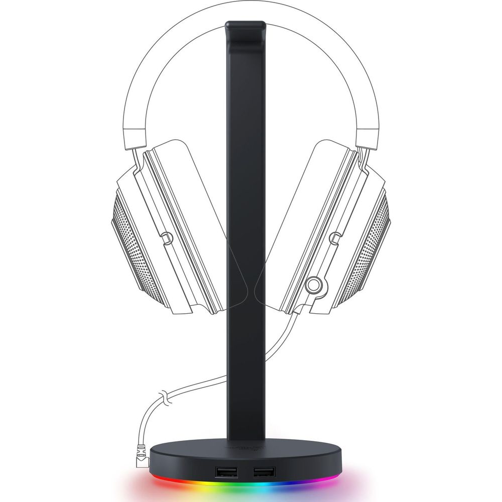 Schwarzer Kopfhörerständer mit RGB-Beleuchtung und zwei USB-Anschlüssen.