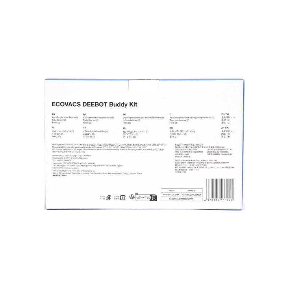 Opakowanie zestawu ECOVACS DEEBOT Buddy z wielojęzycznymi informacjami o produkcie.