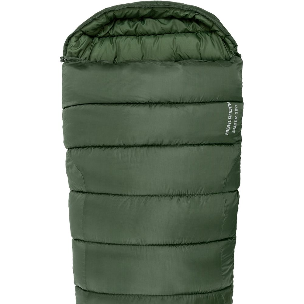 Dunkelgrüner Schlafsack mit Kapuze und horizontalen Nähten, Marke Highlander.