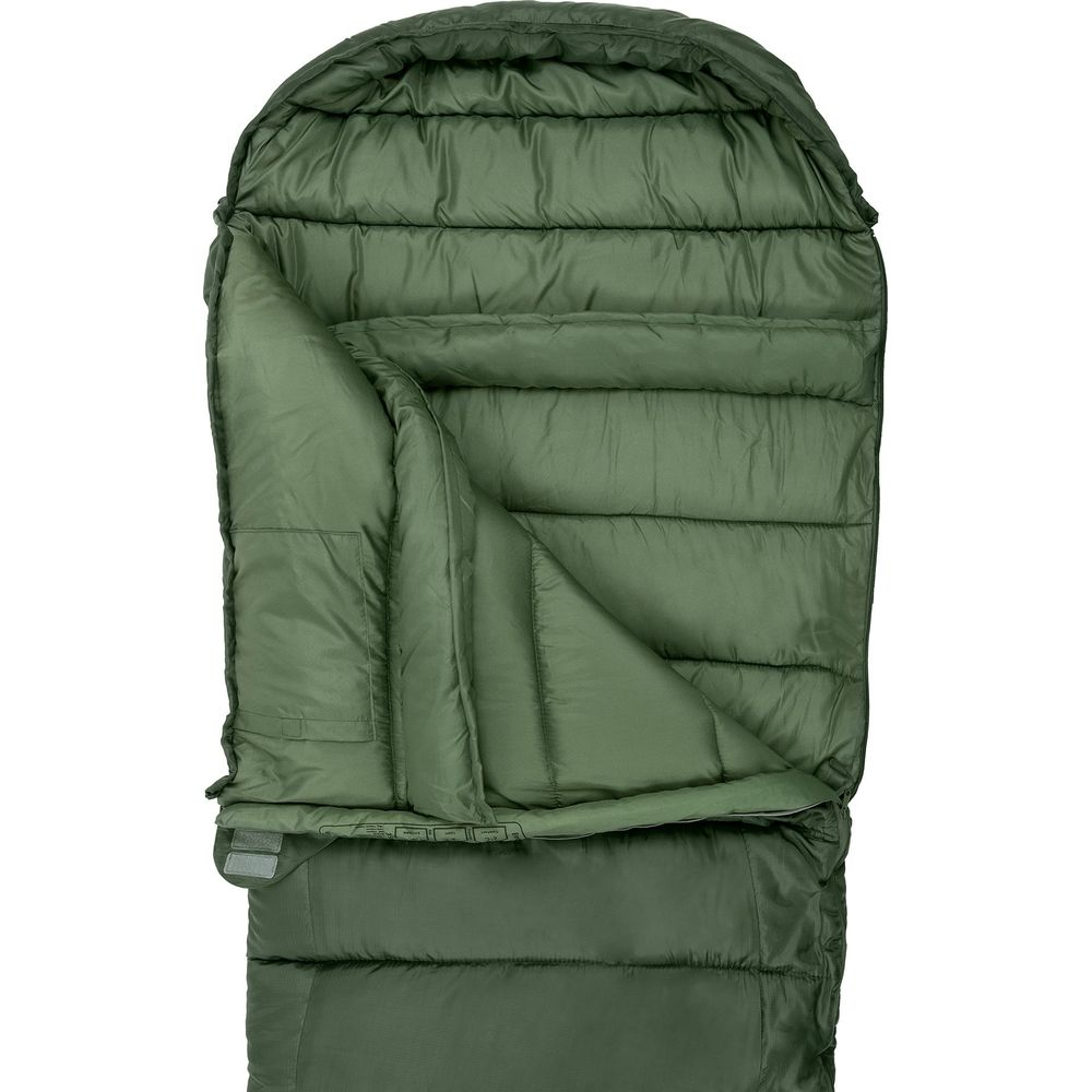 Ein olivgrüner Schlafsack mit Kapuze, offenliegend und mit gesteppten Kammern.