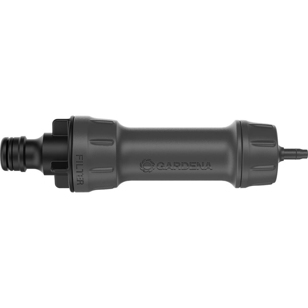 Zwarte GARDENA waterfilter met connector en slanginlaat.