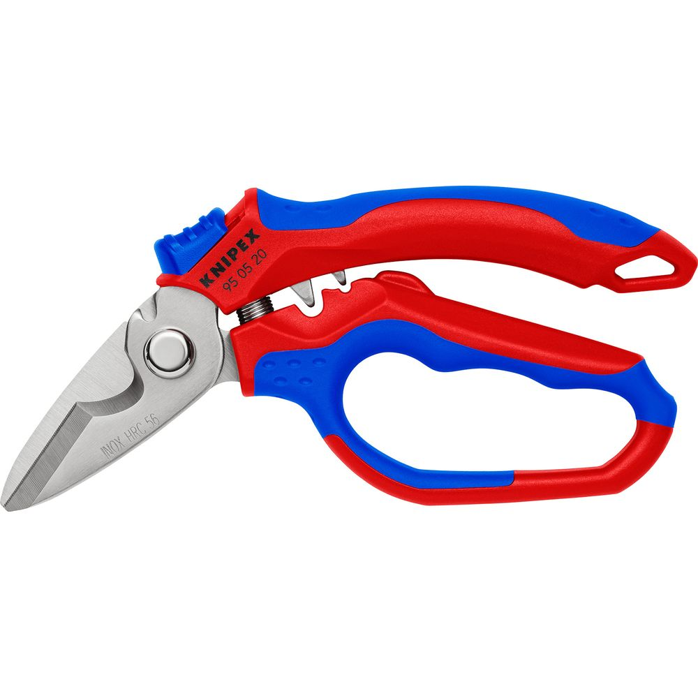 Un paio di forbici rosse e blu con lame in metallo e marchio KNIPEX.