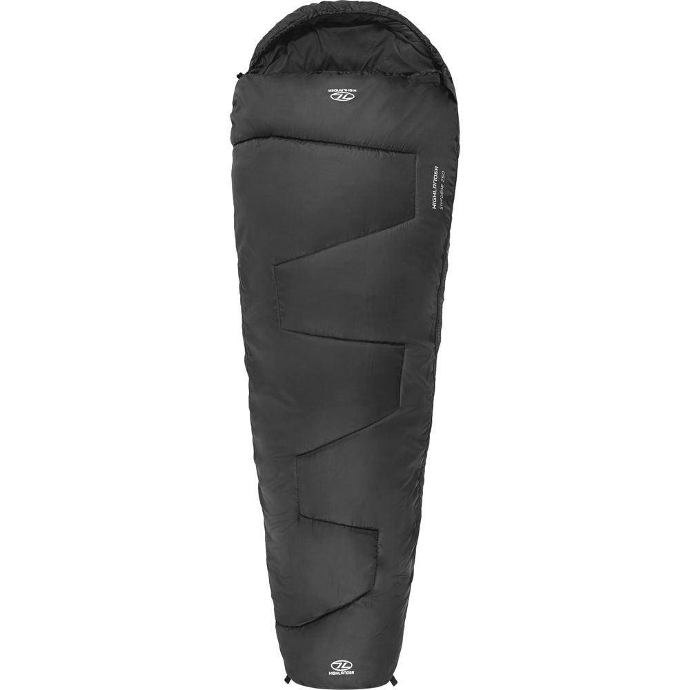 Schwarfer Schlafsack mit Kapuze und Steppnähten. Logo unten.