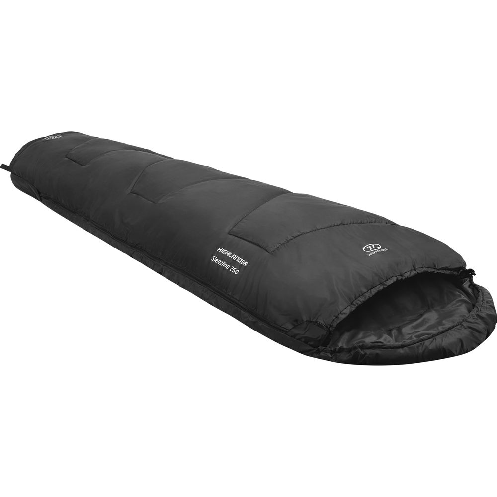 Schwarzer Schlafsack liegend, mit offenem Kopfende und Logo. Beschriftung: Highlander Sleepline 250.