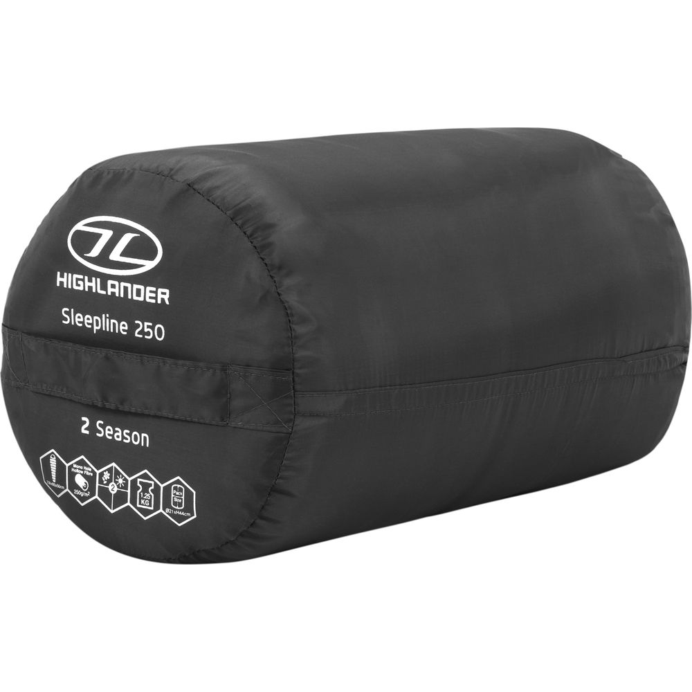Schwarzer, verpackter Schlafsack mit Highlander-Logo und Modellbezeichnung.