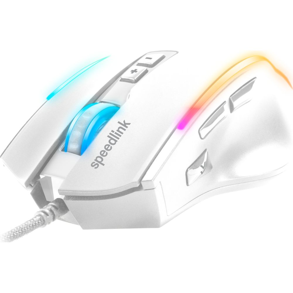 Eine weiße Gaming-Maus mit beleuchtetem Scrollrad und RGB-Lichteffekten.