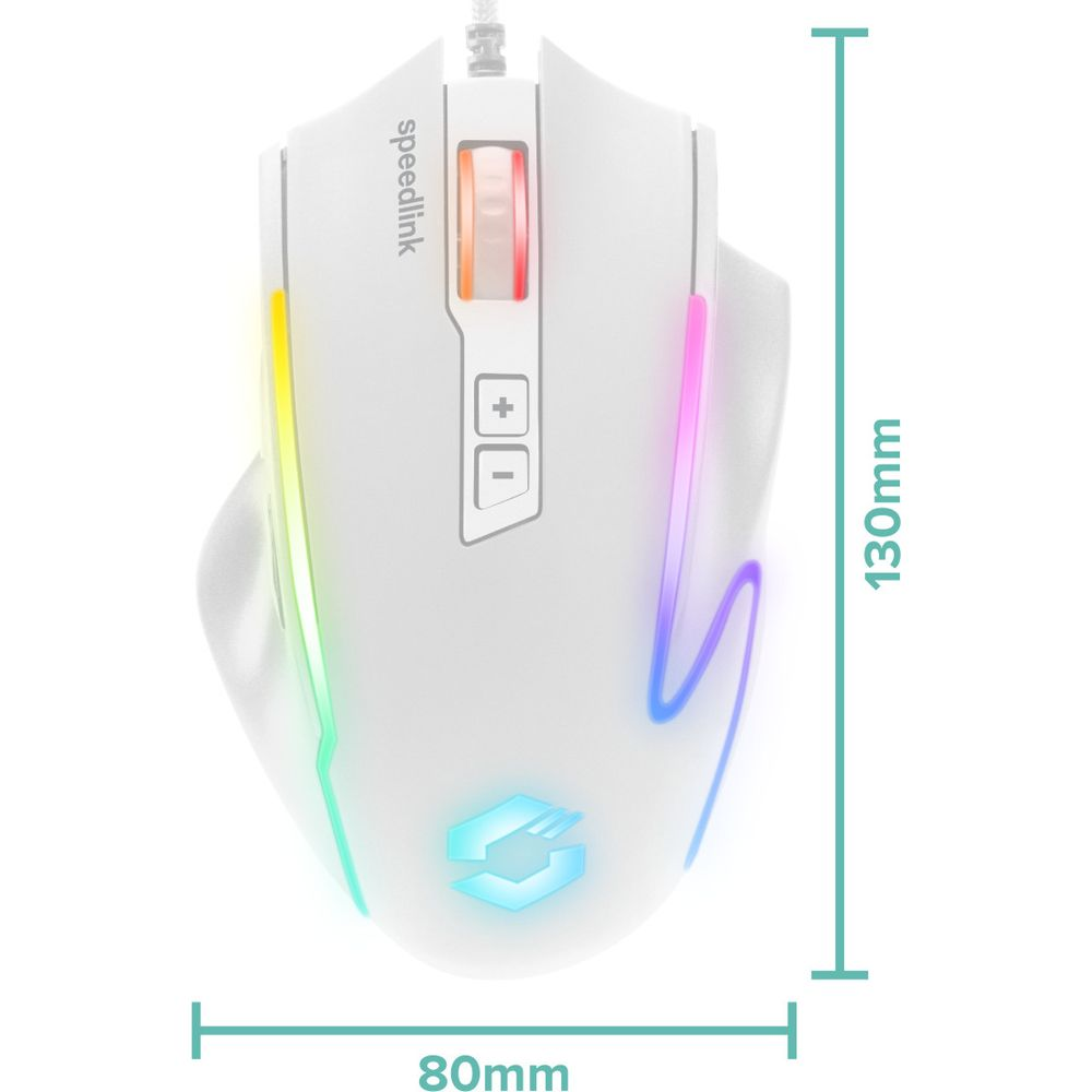 Weiße Gaming-Maus mit RGB-Beleuchtung, 130mm hoch und 80mm breit.
