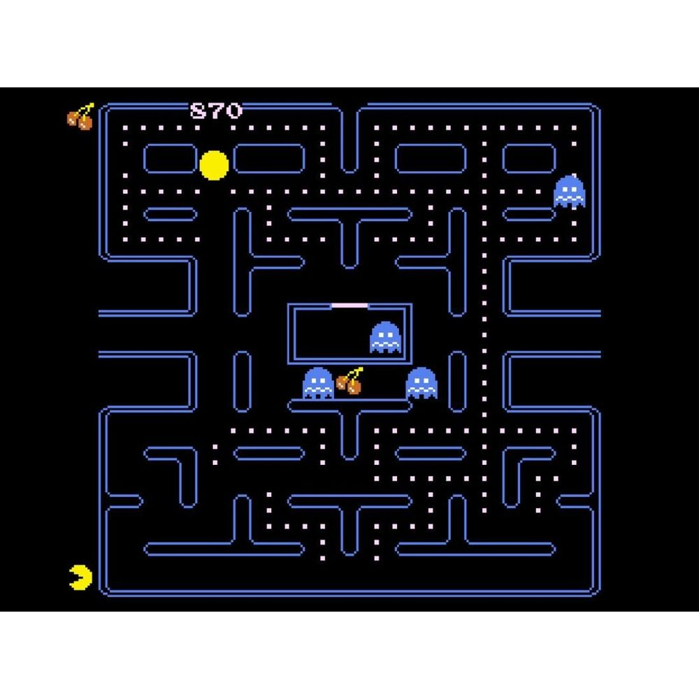 Schermata di gioco Pac-Man con fantasmi e puntini.