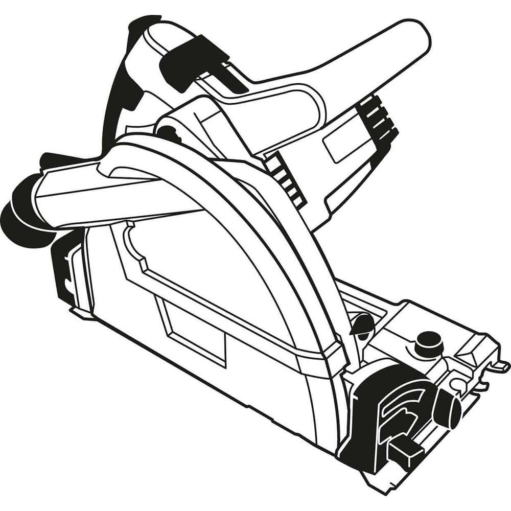 Un disegno al tratto in bianco e nero di un elettroutensile con manico e protezione.
