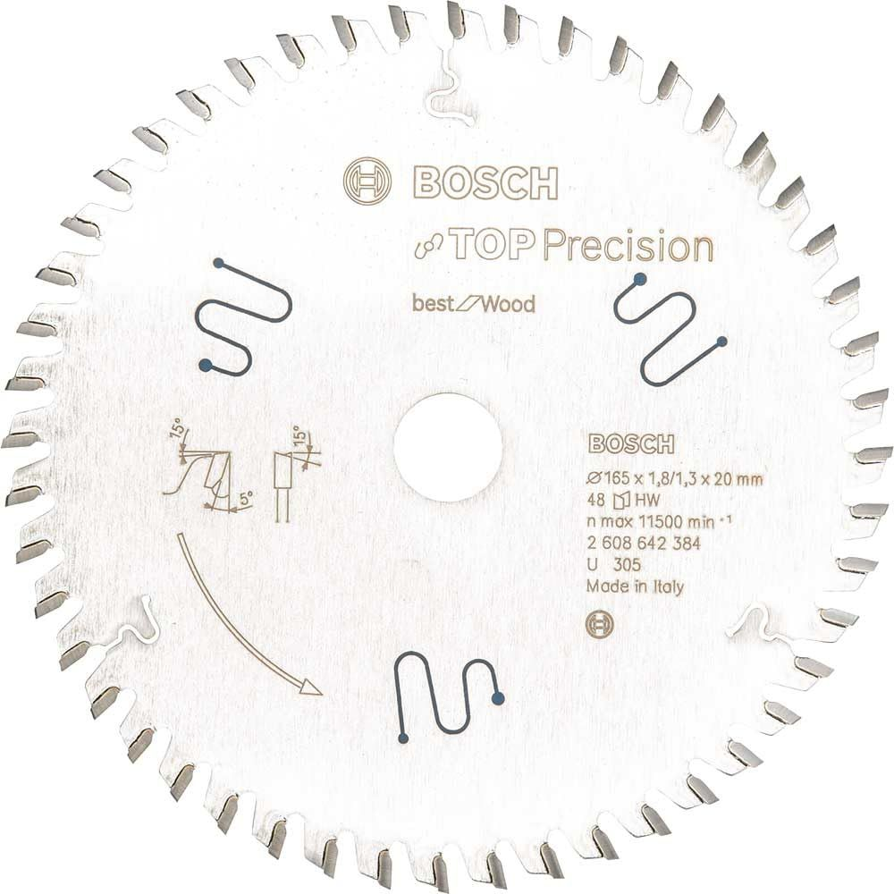 Lama sega circolare Bosch con stampa 'TOP Precision', diametro 165mm.