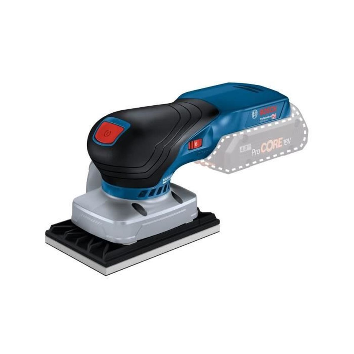 Una levigatrice orbitale Bosch blu e nera con carta vetrata bianca.
