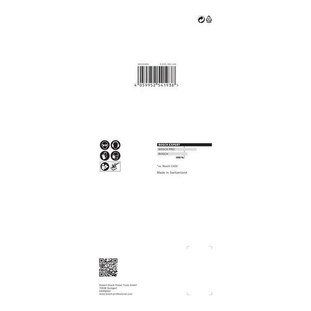 Codice a barre, icone di sicurezza, logo Bosch e informazioni sul prodotto.