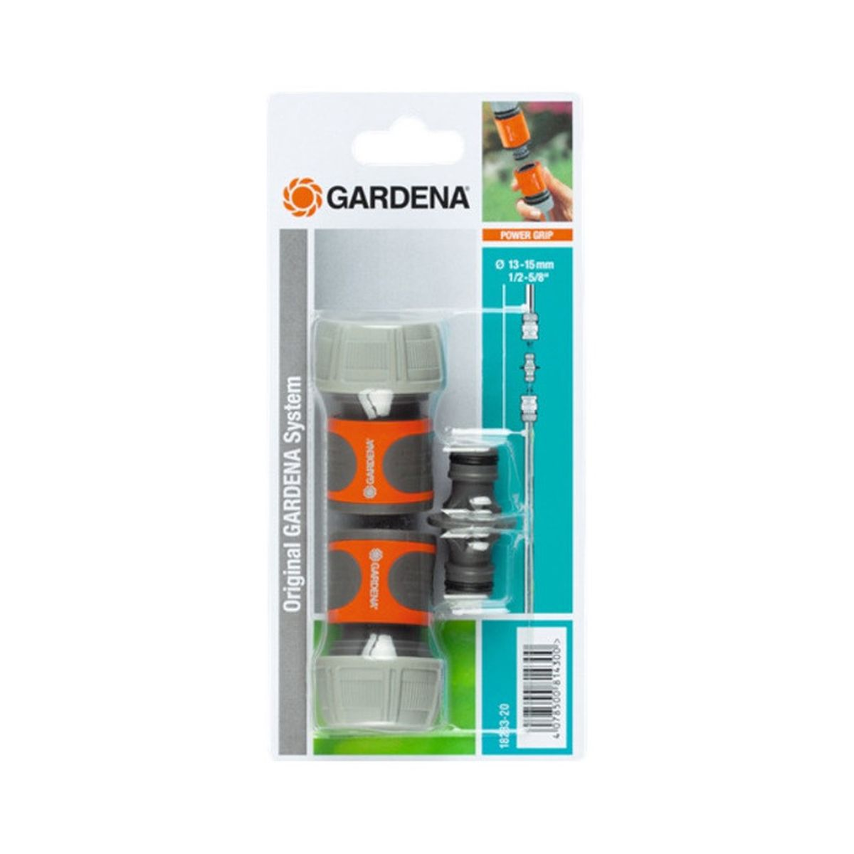 Gardena Schlauchverbinder-Set in Verpackung mit orangefarbenen Akzenten.