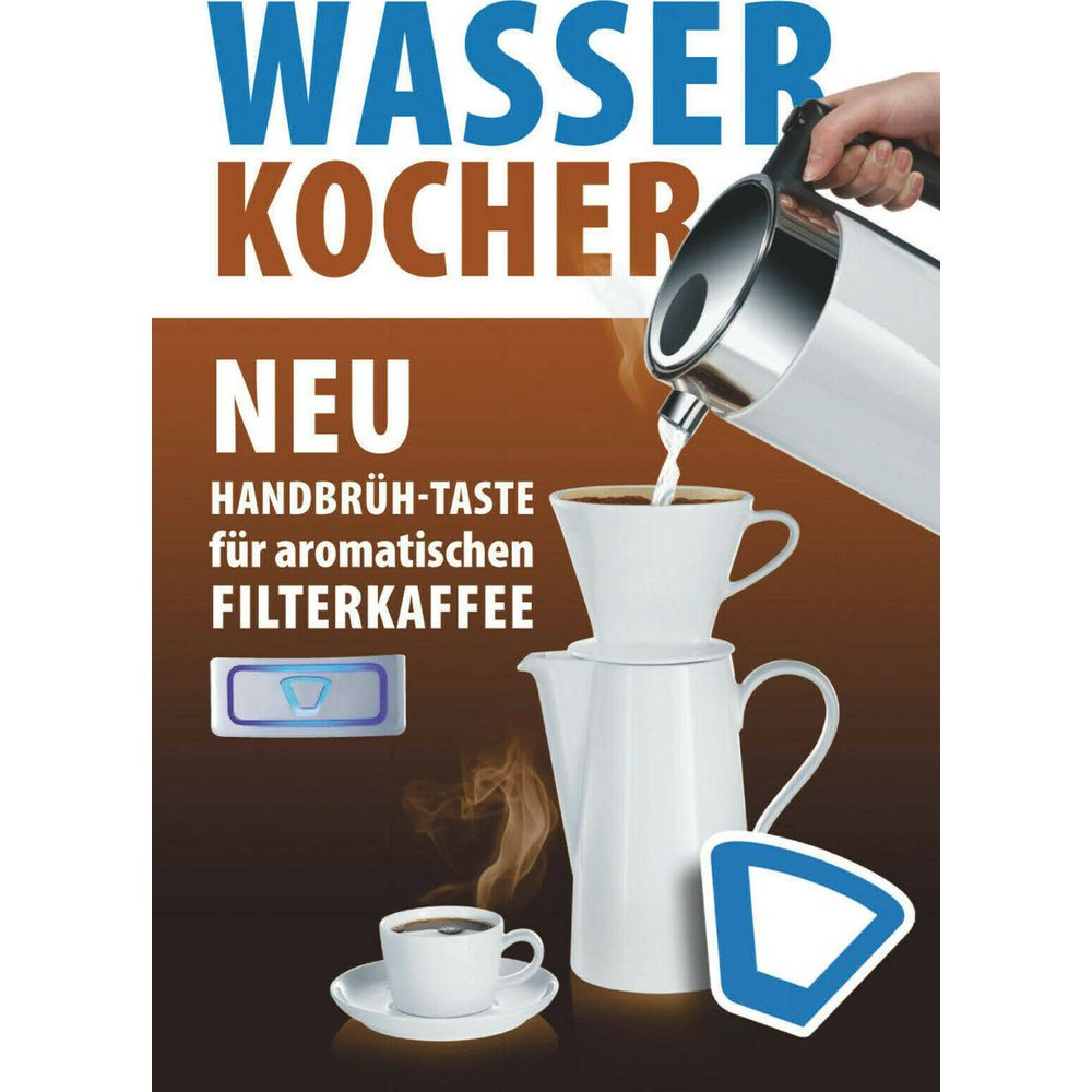 Wasserkocher mit neuer Handbrüh-Taste für Filterkaffee wird benutzt.