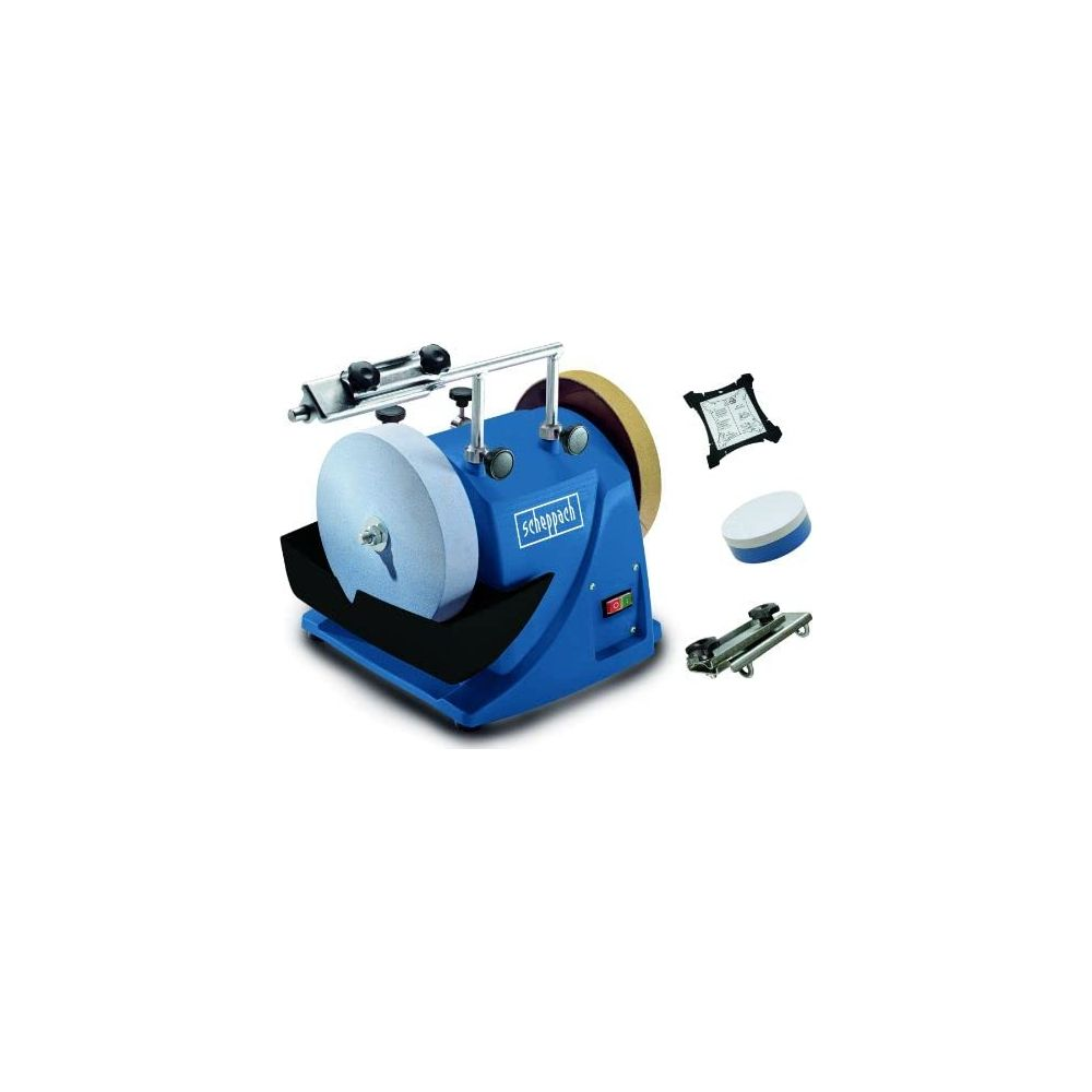 Blaue Schleifmaschine mit zwei Rädern, Zubehör im Vordergrund.