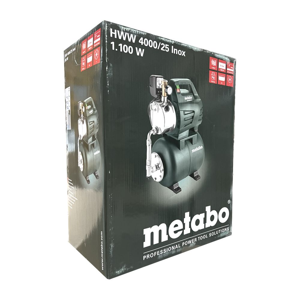 Pompa wodna Metabo HWW 4000/25 Inox na opakowaniu kartonowym ze specyfikacją.