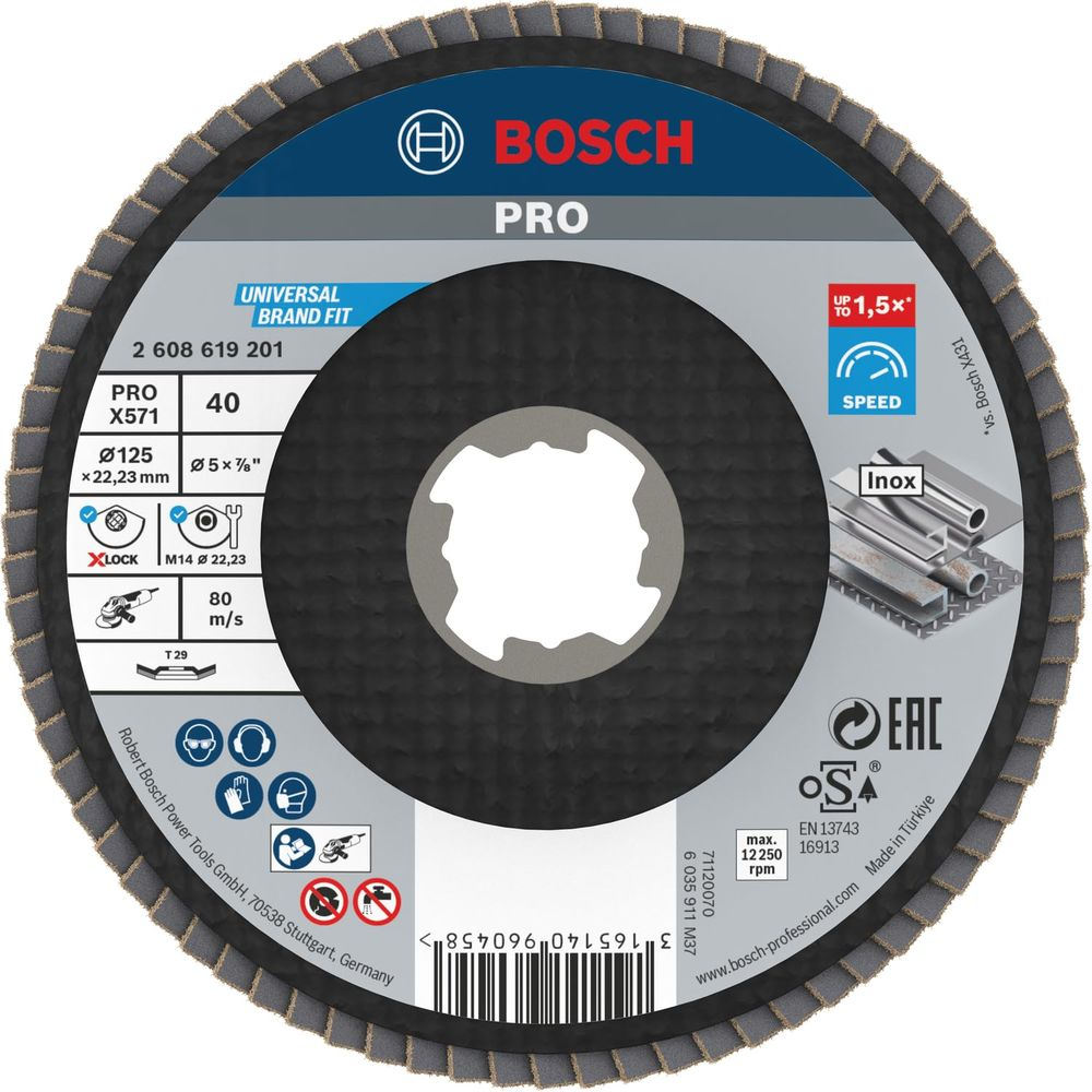 Disque abrasif Bosch Pro avec spécifications de taille, vitesse et matériau.