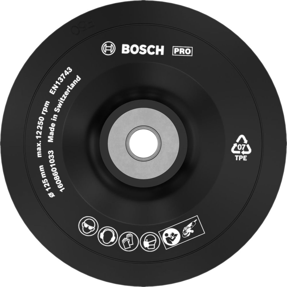 Disco de lijado negro Bosch Pro con especificaciones técnicas e iconos de seguridad.