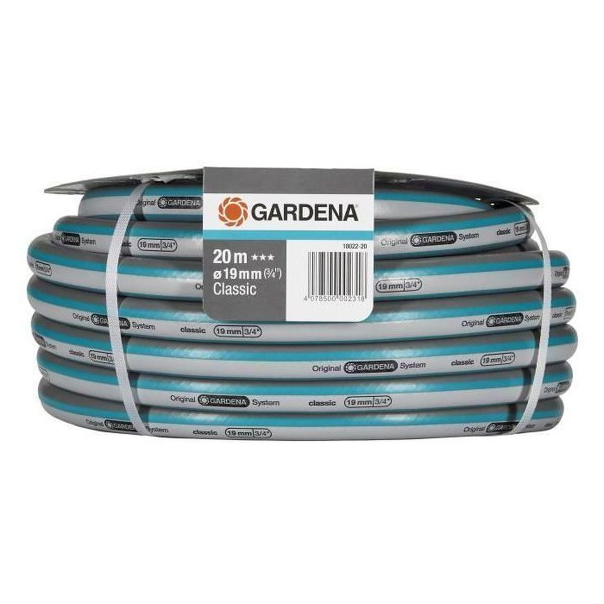 Eine aufgerollte Gardena Gartenschlauchrolle, 20m, 19mm Durchmesser.