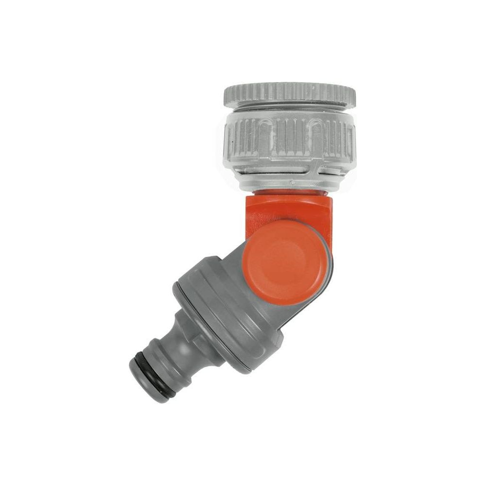 Un conector de manguera gris y naranja con junta giratoria, aislado en blanco.