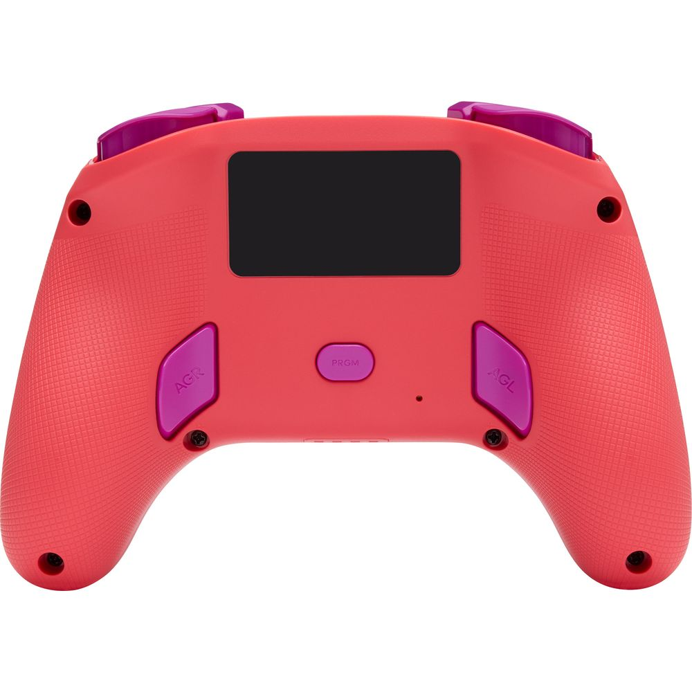Retro controller rosso con pulsanti viola e schermo nero.