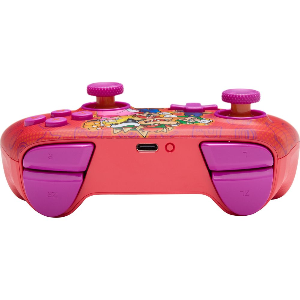 Un controller rosso con pulsanti rosa e design di personaggi Nintendo.