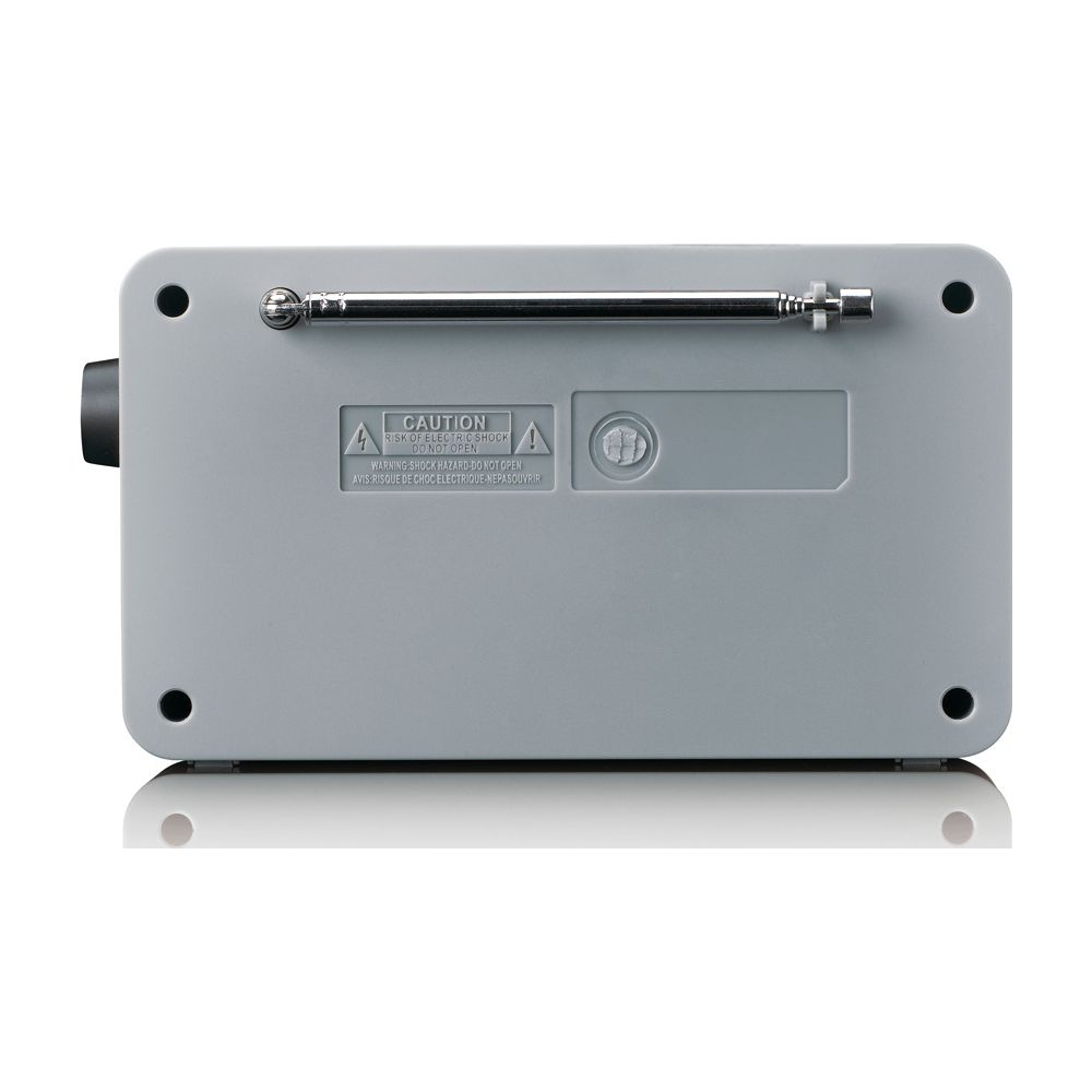 Szare radio z wysuwaną anteną i etykietami ostrzegawczymi.