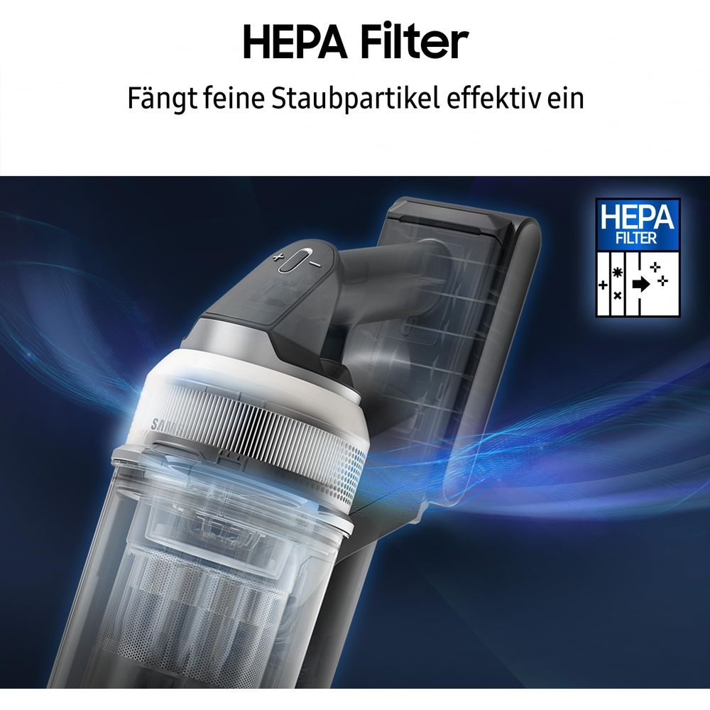 Ein HEPA-Filter-Staubsaugerteil mit transparentem Behälter und blauer Luftströmung.